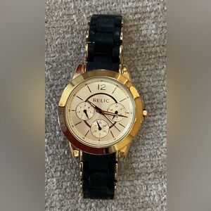 Relic Gold Tone Watch with Cream Dial and Black Band
